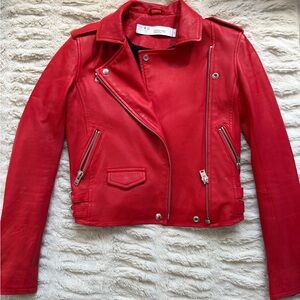 Vibrant Red Cropped Leather Moto Jacket